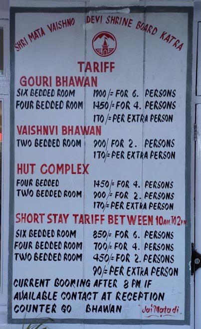 tariff for rest rooms at mata vaishno devi